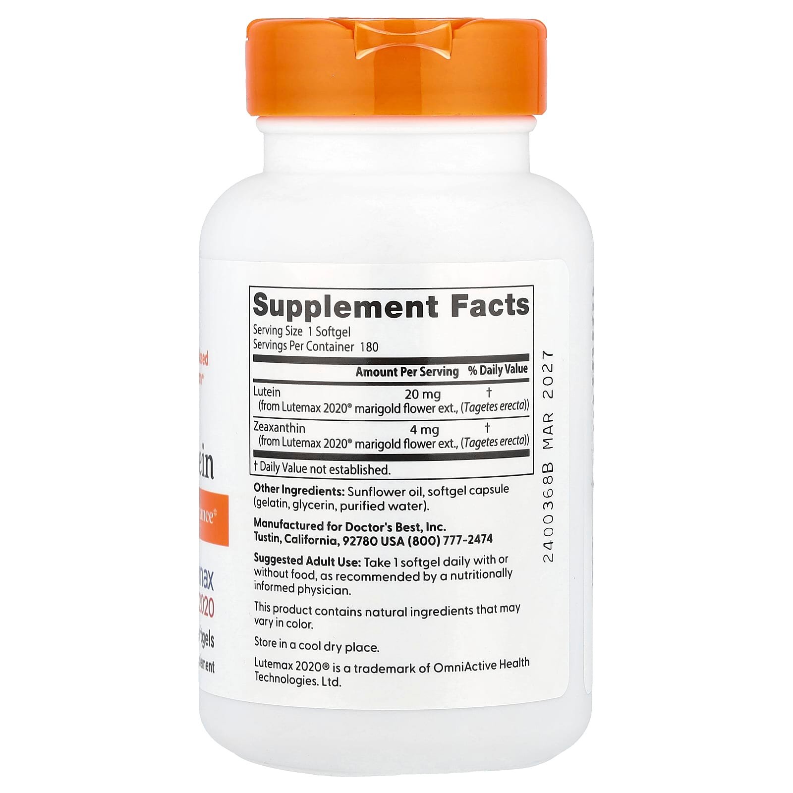Doctor's Best, Lutein, Lutemax 2020, 20 mg, 180 Capsules