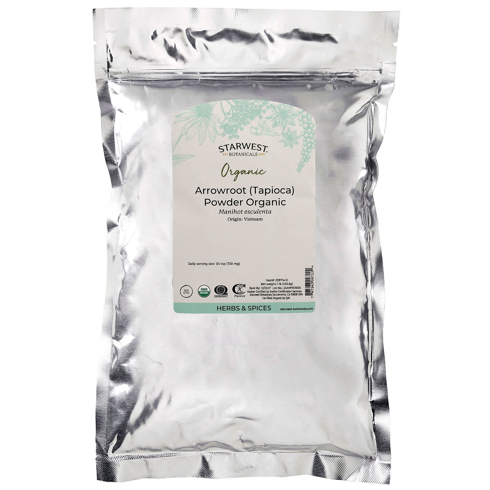 Starwest Botanicals, Organic Arrowroot (Tapioca) Powder, 1 lb (453.6 g)